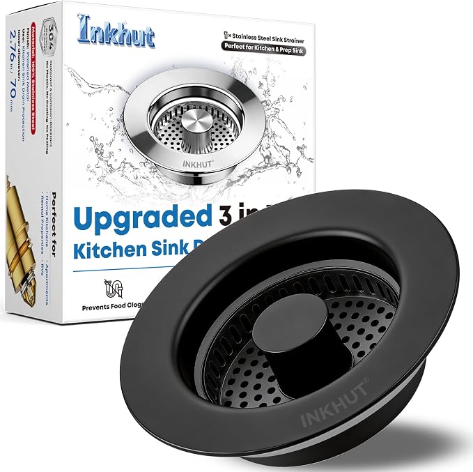 Upgraded 3 in 1 Kitchen Sink Drain Strainer (Black) | Stainless Steel Sink Stopper, Anti-Clogging Food Catcher Basket, Bounce Core Drain Strainer Plug for 3 1/2 inch Drain