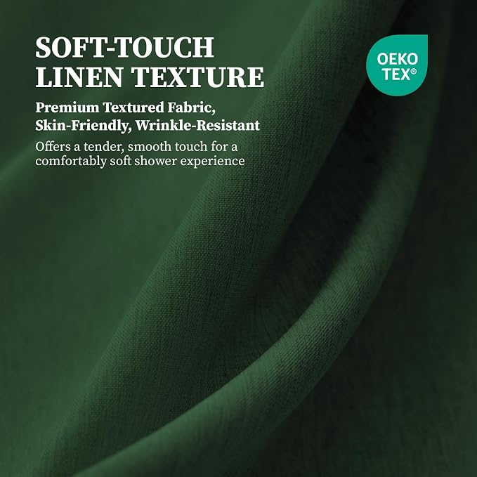 Emerald Green Linen Textured Waterproof Fabric Shower Curtain, 72x72 | 230GSM Polyester, Heavy Duty Cloth, Weighted Hem, 12 Plastic Hooks, Modern Hotel Style, Machine Washable, Bathroom Decor