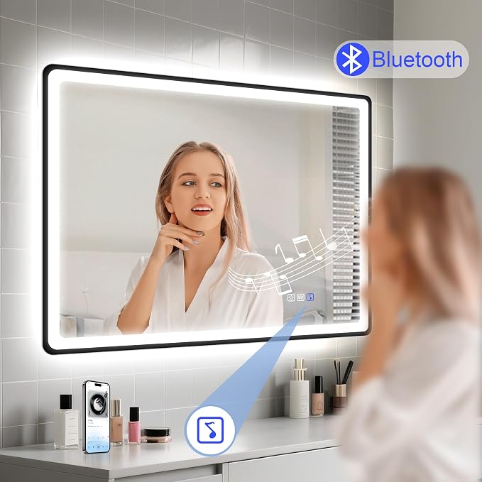 STARLEAD 24"x32" Black Frameless LED Bathroom Mirror with Bluetooth Speaker, 3 Color Temperature, Stepless Dimming, Anti-Fog, Touch Control, Wall-Mounted Vanity Mirror, Vertical or Horizontal