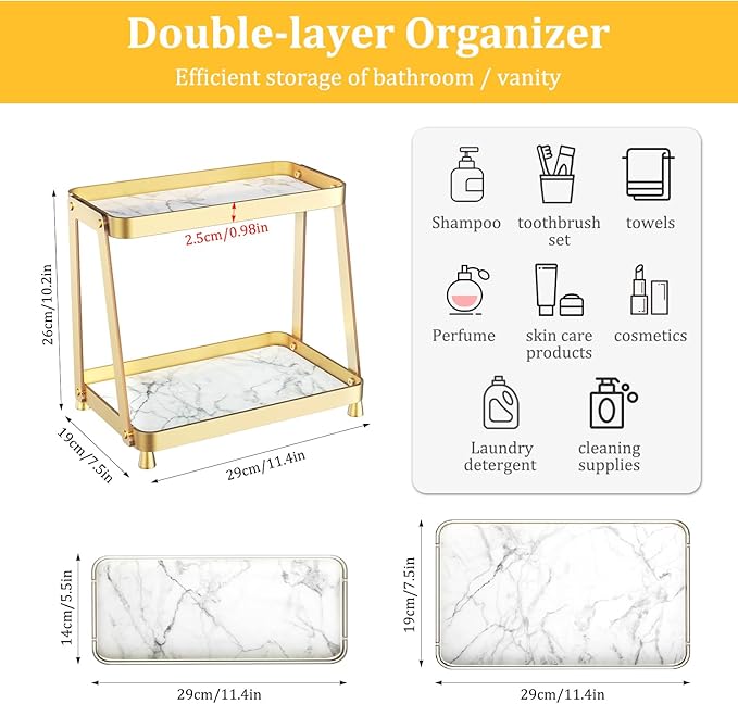 2-Tier Acrylic Bathroom Vanity Organizer, Gold | Bathroom Counter Storage Shelf with Marble-Look Tray, Holds Cosmetics, Perfume, Makeup & Skincare Products
