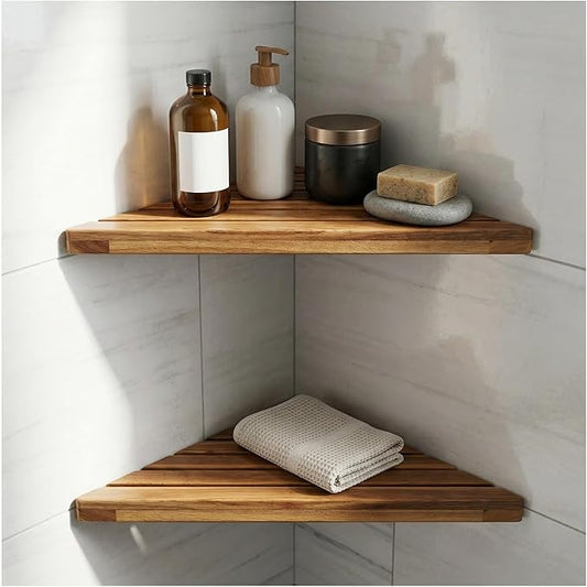Wooden Corner Shower Shelf Triangular Corner Shelf Wooden Bathroom Shelf for Tiled Wall, 2 Pack Shower Corner Shelf, No Drilling Requied