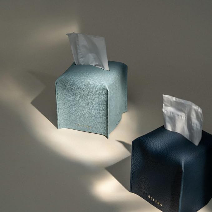 OLETHA Square Tissue Box Cover, Aesthetic Desk Decor, Sky Blue, 2 Pack | Faux leather tissue box holder for room, home, office; fits Kleenex & Puffs cube boxes; velcro base; easy swap; wipes clean
