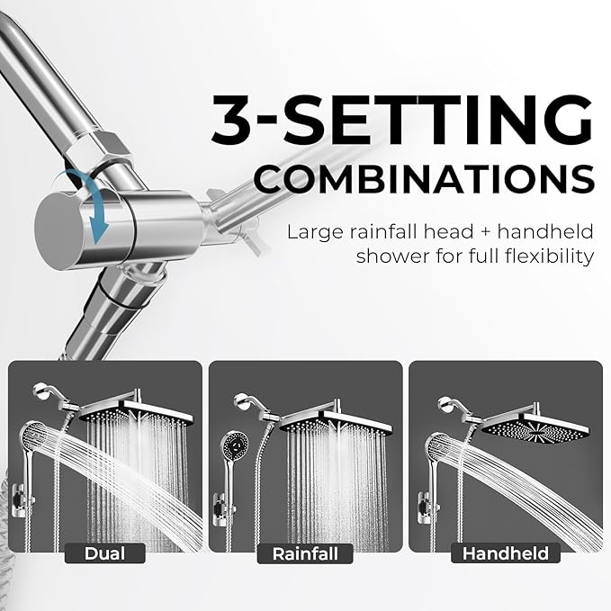 Chrome Rain Shower Head with Handheld Shower Head, 5 Spray Modes | High-Pressure Dual Shower Combo, Multi-Spray Handheld, 15-Inch Metal Extension Arm, Detachable Design for Easy, Flexible Use