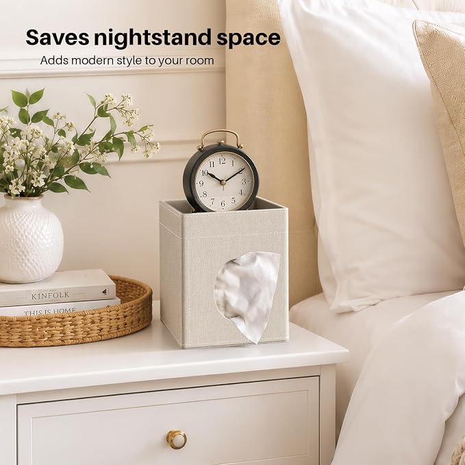 Square Tissue Box Holder with Storage Tray Tissue Box Cover, Tissues Cube Boxes Cover for Nightst, Dining Table, Dressing Table, Tea Table, Coffee Bar (Linen)