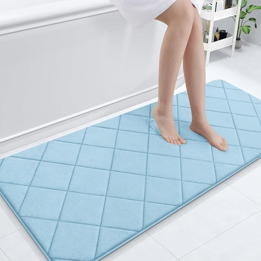 OLANLY Memory Foam Bath Mat 59x24, Ultra Soft and Absorbent Bathroom Rugs | Sky Blue, Quick Dry, Machine Washable Shower Bath Rugs, Comfortable Bath Carpet for Bathroom Floor, Tub and Shower