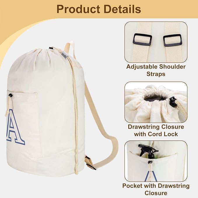 Laundry Bag Backpack Personalized Initial Design Canvas Laundry Bag with Straps & Drawstring Closure Dirty Cloth Hamper Bag for College, Travel, Laundromat, Camping (Letter A)