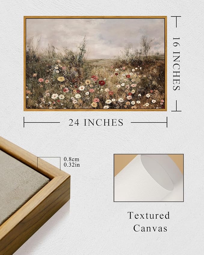 InSimSea Framed Canvas Prints Art Vintage Decor, Classical Wildflower Field Meadow Flowers Painting, Rustic Landscape Large Wall Art for Living Room Bedroom Home Bathroom Wall Decor, 16x24inch