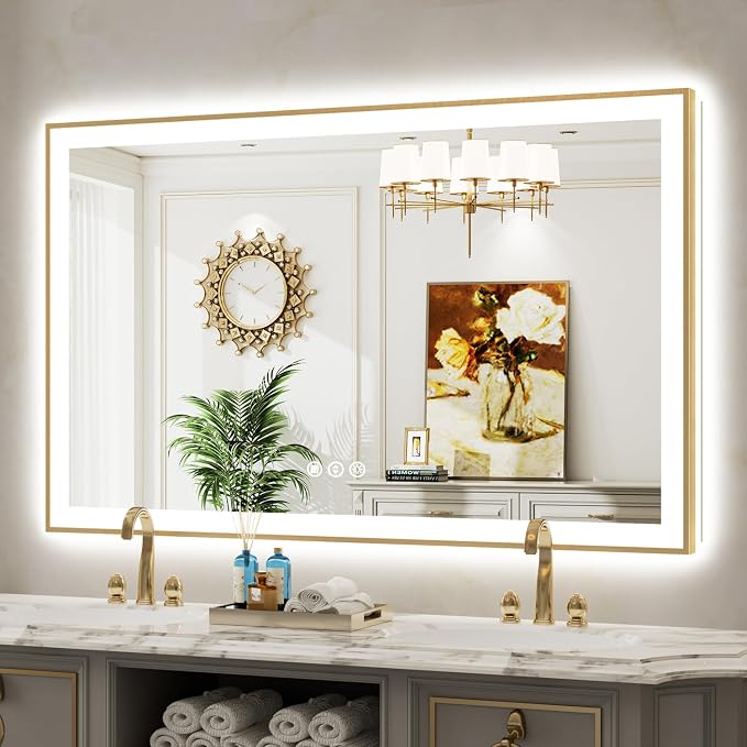 57x36 LED Bathroom Mirror with Lights, Gold Framed Lighted Mirror | Backlit and Front light, Anti-Fog, 3 Color Dimmable, Memory, Tempered Glass, IP54 Waterproof, UL Listed