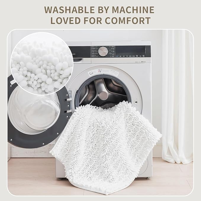 Bathroom Rugs Non Slip Washable 60x24, Extra Thick Soft Chenille Absorbent Bath Mat, High Density Barrier Non Slip Backing, Quick Dry Plush Shaggy Floor Carpet for Tub&Shower, White