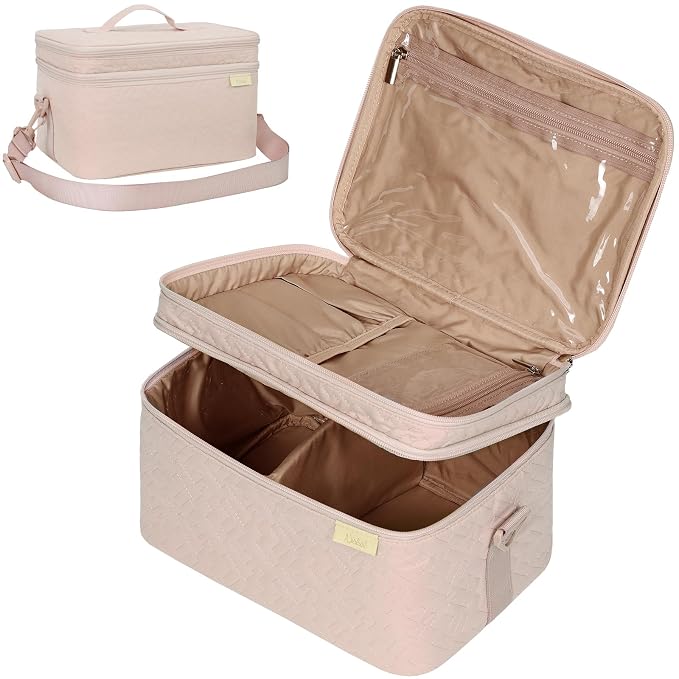 NISHEL Large Makeup Bag Organizer, Double Layer Cosmetic Travel Case | Organizer for brushes, bottles, makeup and skin care products, ideal for trips and daily use, Pink, Extra Large