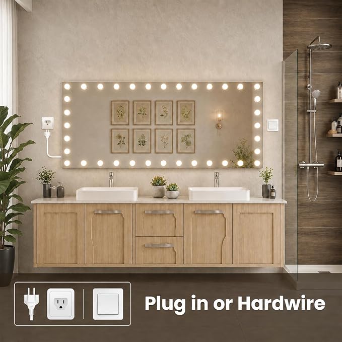WTTY 96"x36" Hollywood Vanity Mirror with Lights | Wall Mounted Makeup Mirror, 3 Color Temperatures, Stepless Dimmable Bulbs, Anti-fog, Tempered Glass, Shadow-free