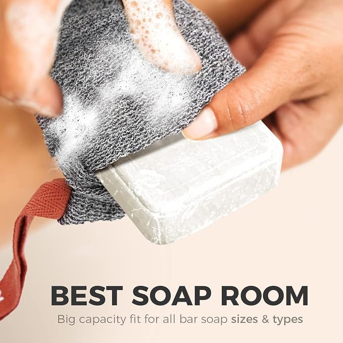 ZOMCHI Soap Saver Bags for Bar Soap, 2 Pack, Deep Texture Grey | Nylon Mesh Helps Create Rich Lather, Hanging Loop, Quick Drying Design, Roomy Pouch For Bath And Shower Routines