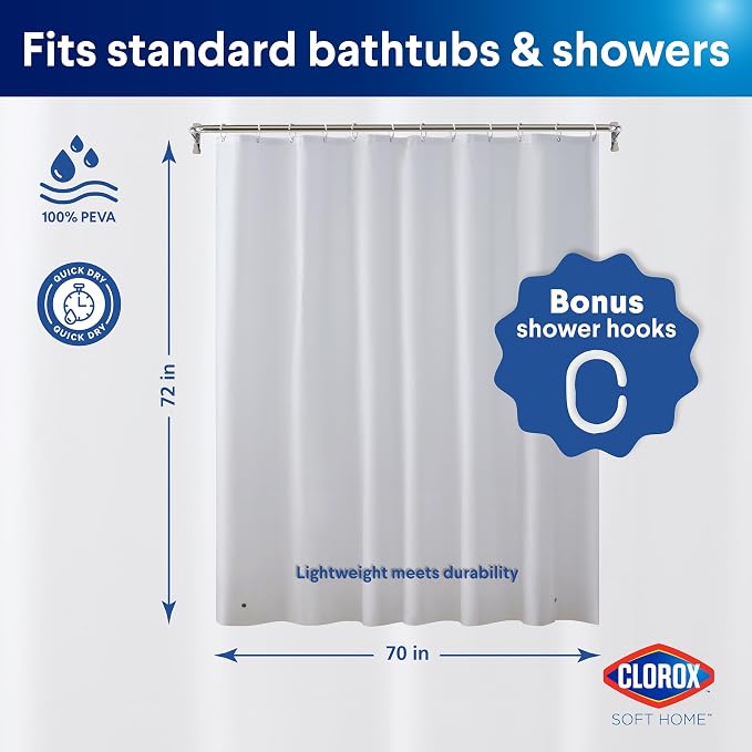 Clorox Shower Curtain Liner & Hooks, Premium Lightweight Flexible Waterproof 4g PEVA for Bathroom with Weighted Magnets, Standard Size 70" x 72", Frosty 1 Pack
