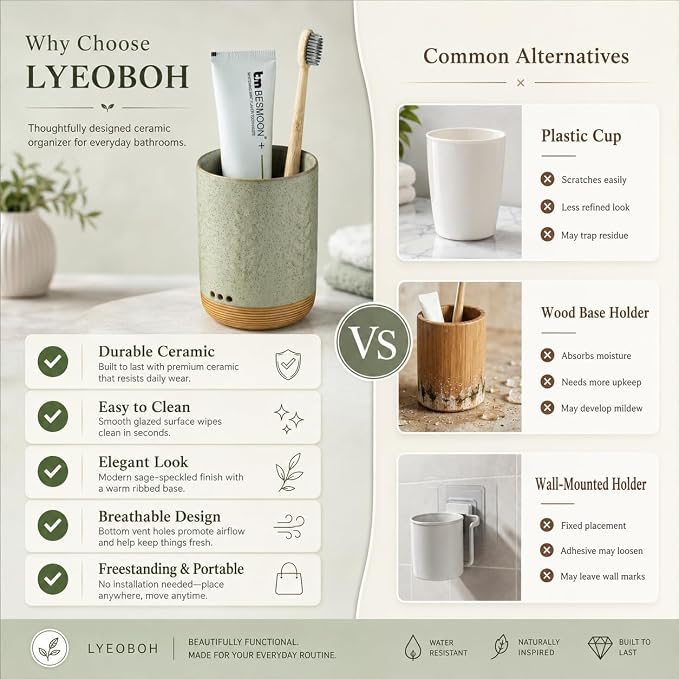 LYEOBOH Toothbrush Cup, Toothbrush Holder, Toothbrush Holder for Bathroom | Ceramic Single Toothbrush Holder, Tooth Brush Organizer with Drainage, Multi-use Toothbrush Storage for Family & Kids, Green