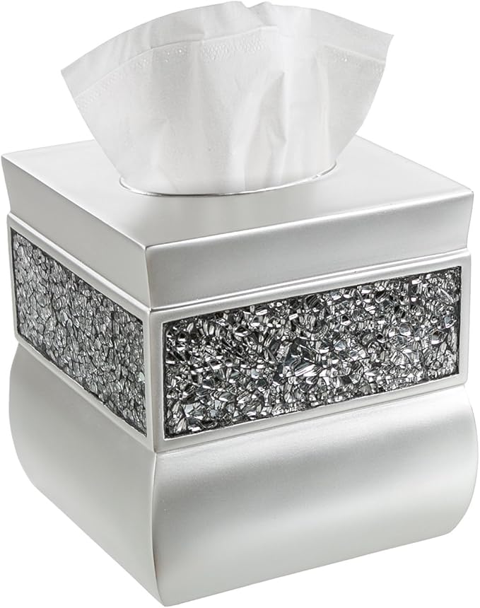 Crackled Glass Silver Square Resin Tissue Box Cover with Bottom Slider