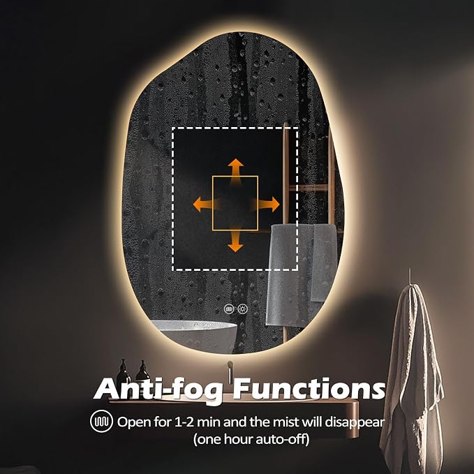 LED Mirror for Bathroom, 26x38 Inch Irregular Backlit Mirror | 3 Colors, Dimmable, Anti-Fog, Memory Function, Horizontal/Vertical, Al Alloy Lampshade, HD Glass, Rust-proof Treatment, UL