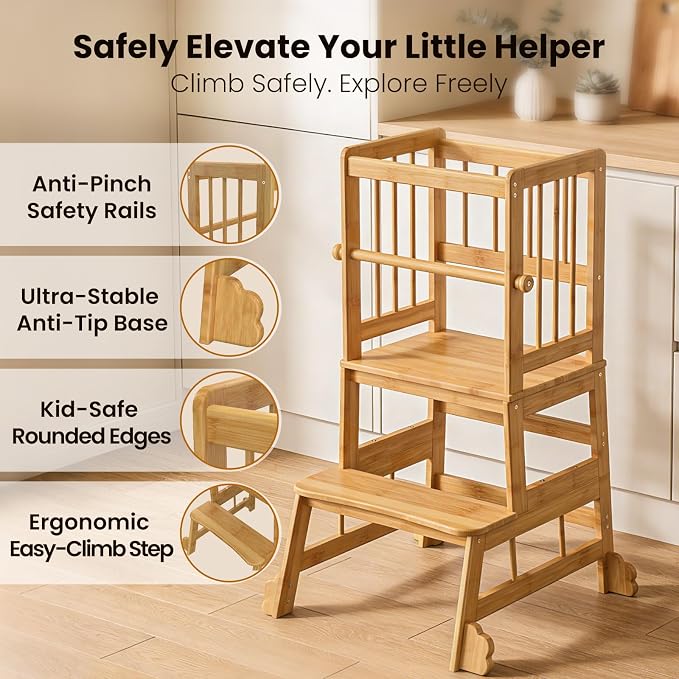 HBTower Toddler Standing Tower, Kids Kitchen Step Stool with Safety Rails | Stable Toddler Learning Tower for Kitchen Counter with Anti-Slip Feet, Hold Up to 450 LBS, Natural Bamboo & Easy to Clean