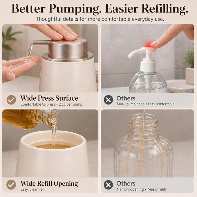 BosilunLife Ceramic Soap Dispenser - Dish Soap Dispenser for Bathroom 12Oz | Refillable Liquid Hand Wash Dispenser for Essential Oil, Lotion Soap, Apricot with Speckle