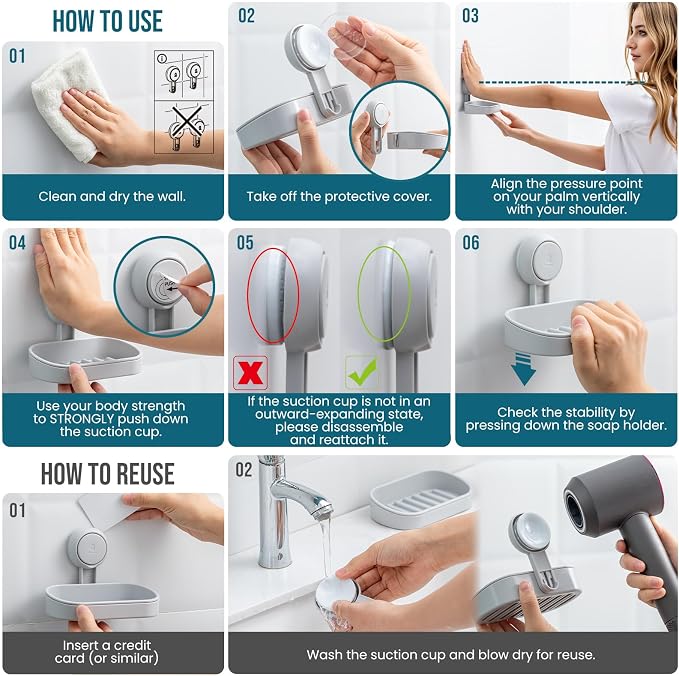 TAILI Soap Holder, Soap Dish for Shower Suction Cup, Bar Soap Holder, Grey | Removable Soap Holder Shower, Soap Tray for Shower Wall, Drill Free Sponge Holder, Bathroom & Kitchen, No drill