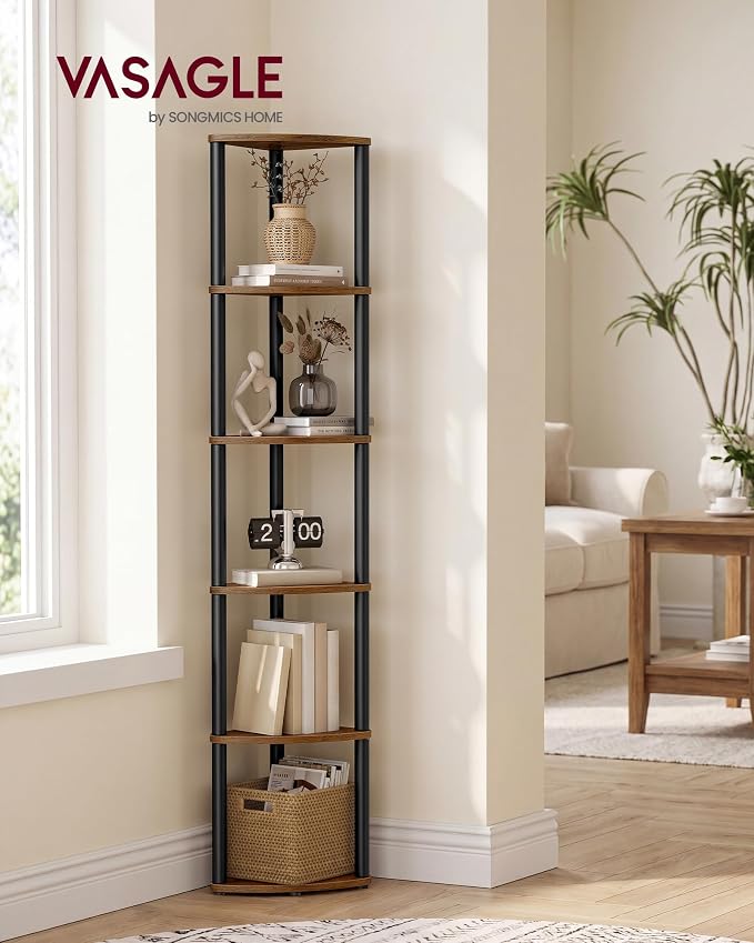 VASAGLE Corner Shelf, Superfast Toolless Assembly, 6-Tier Corner Standing Shelf, Corner Shelf Stand, Living Room, Bedroom, Kitchen, 15.1 x 10.6 x 68.3 Inches, Rustic Brown ULBC660KD02