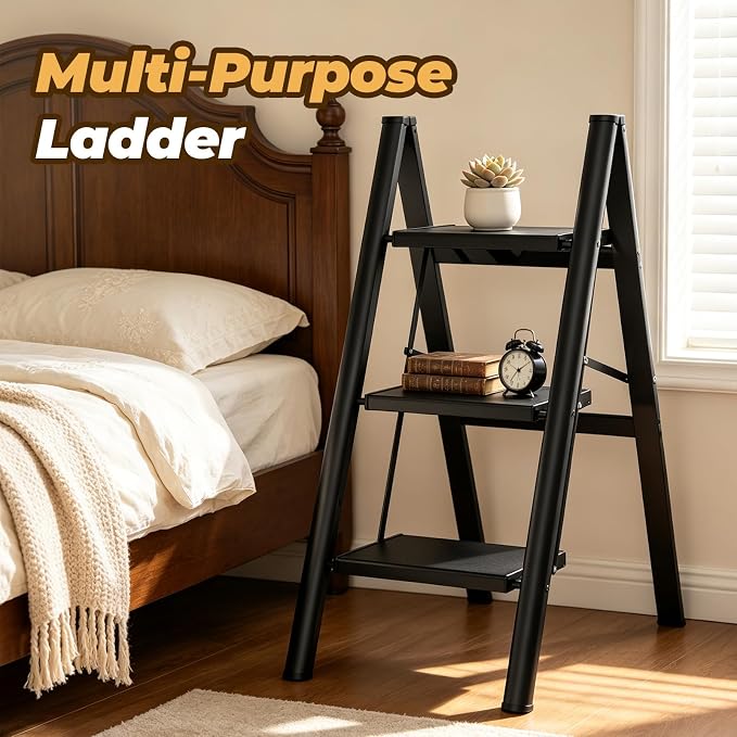 HBTower 3 Step Ladder, Lightweight Aluminum Folding Step Stool | Anti-Slip Wide Pedal, 330lbs Capacity Step Ladder for Household Kitchen Office, Black
