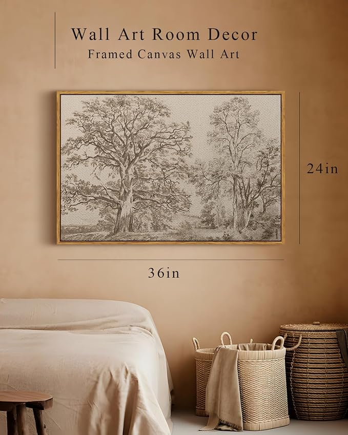 InSimSea Framed Canvas Prints Vintage Decor, Rustic Nature Sketch Tree Landscape Paintings Wall Art, Large Countryside Farmhouse Hanging Wall Decor for Living Room Bedroom, 24x36inch
