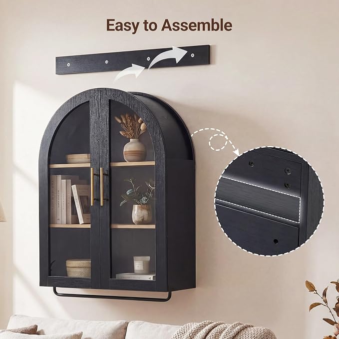 Seang Bathroom Arched Wall Cabinet,Modern Medicine Cabinet with Towel Bar and Adjustable Shelf,Over The Toilet Wall Storage Cabinet,Black