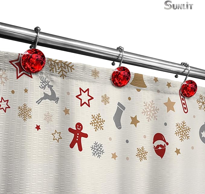 Sunlit Luxury Design Round Red Diamond Crystal Gem Bling with Glide Balls Shower Curtain Hooks, Rust Proof Metal Rhinestones Glam Shower Curtain Rings-12 Pack