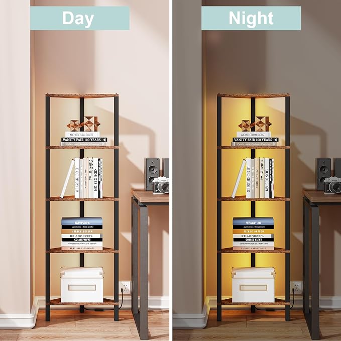 TUTOTAK Corner Shelf with LED Light, 5-Tier Corner Bookshelf | for Small Space, Narrow Display Corner Shelf Stand with Storage Rack, for Living Room, Bedroom, Rustic Brown BS05BB005L