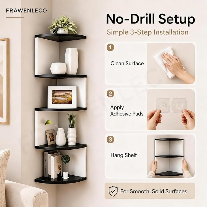 No-Drill Corner Shelf Wall Mount, 5-Tier Floating Corner Bookshelf with Hooks, Space-Saving Zigzag Plant Shelf for Bedroom, Living Room, Bathroom, Home Office(Black & White)