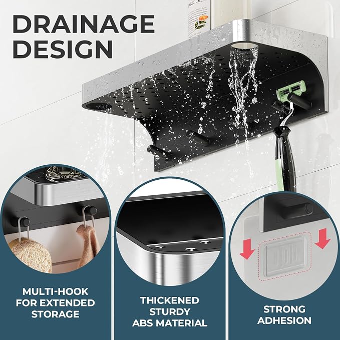 2 Pack Shower Caddy Adhesive with 5 Hooks & Drainage, No-Drill, Silver | Plastic Wall Bathroom Shelf Rack Organizer, Inside Shower Storage Holder for Bath Accessories, Rustproof Bathroom Shelves