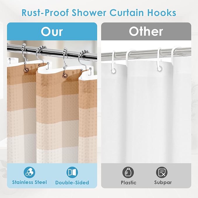 3 in 1 Shower Curtain and Liner,72 x 72 inch, Ombre Beige | Striped Shower Curtain and PEVA Liner Set with 12 Rust-Resistant Metal Hooks, Waterproof Fabric Curtains for Bathroom