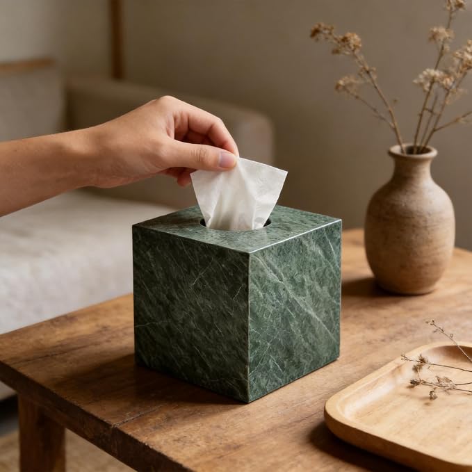Marble Tissue Box Holder Cover with Open Bottom for Bathroom | Square Cube Polished Surface Tissue Box Holder for Bedroom Dressers, Kitchen Countertop, Indian Green