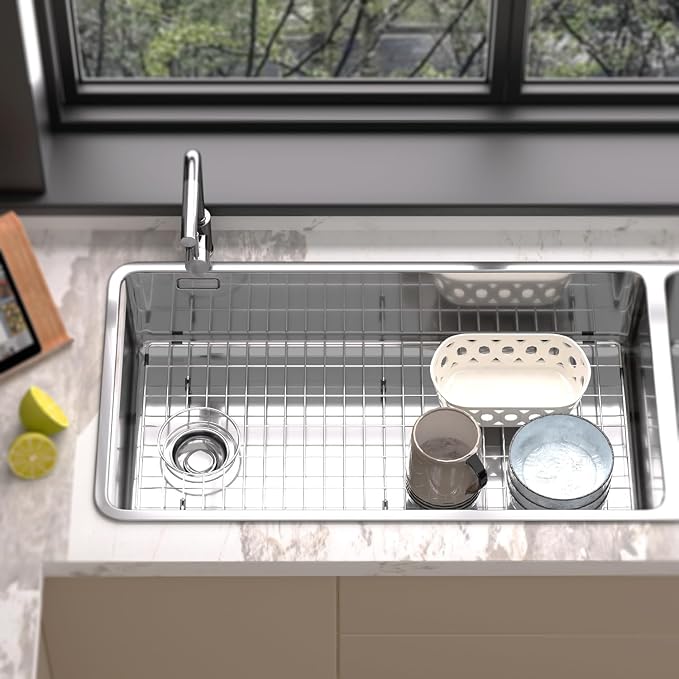 Large Sink Protector for Kitchen Sink,Metal Sink Rack 28.8" X 14.8",Stainless Steel Sink Grid for Bottom of Sink,Sink Grate with Side Drain Hole for Single Bowl with Strainer,1 Pack
