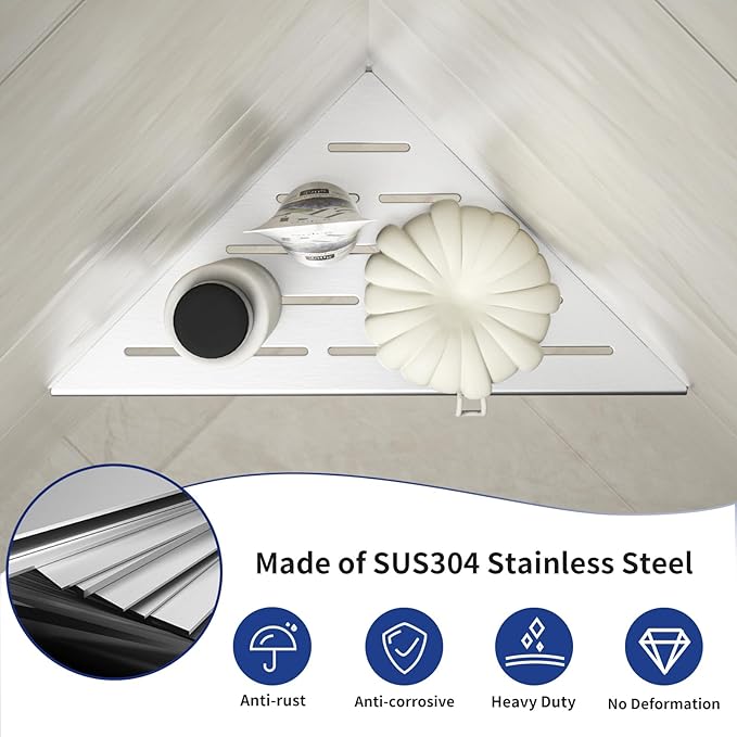 Corner Shower Shelf 10", Brushed | 304 Stainless Steel, Slot Design Shelves, Grout in Bathroom Shower Shelf for Tiled Wall, 2 Pack