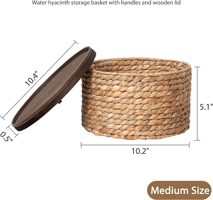 Water Hyacinth Storage Basket with Wooden Lid, 10.2" D x 5.1" H Handwoven Round Organizer for Shelf, Closet & Pantry (Medium)