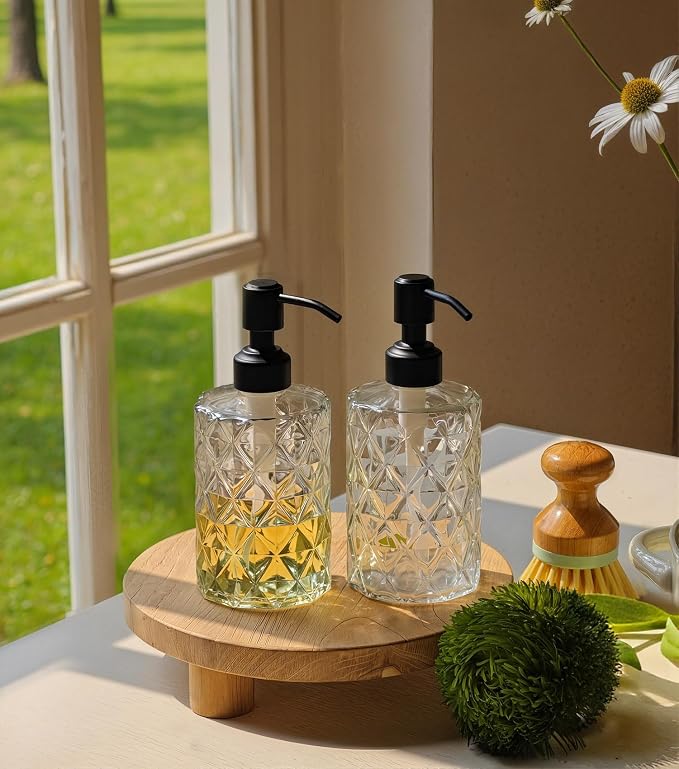 JASAI Diamond Design 12 Oz Glass Soap Dispenser with Black Pump | Small Hand soap Dispenser with Rust Proof Pump, Bathroom Soap Dispenser for Hand Soap, Liquid Soap, Dish Soap.