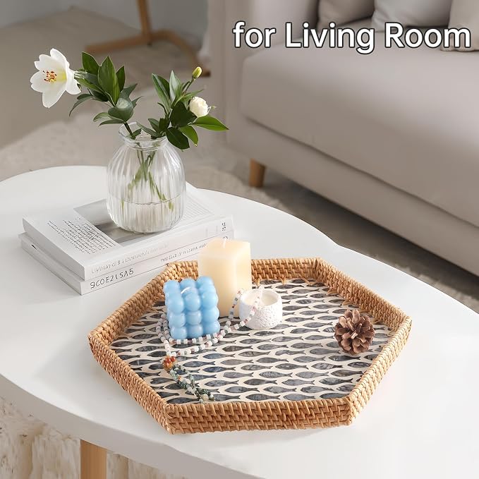 Hexagon Rattan Tray with Mother of Pearl Inlay, Rattan Serving Tray for Coffee, Bread, Fruits, Snacks, Decorative Wicker Tray for Table Decor, Home Decor (Black Fish, 14.5"×12.8")