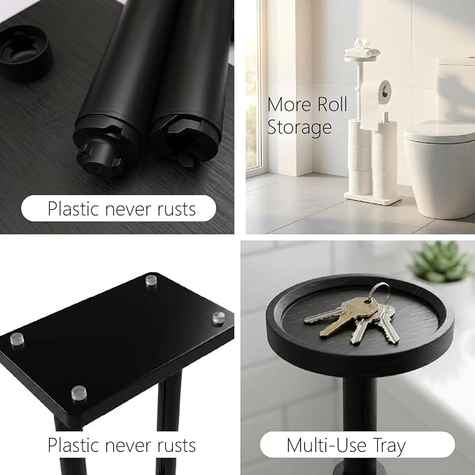Toilet Paper Holders Free Standing, Holds up to 7 Rolls Toilet Paper Stand with Storage, Bathroom Toilet Paper Organizer with Top Shelf for Small Items, 1-Min Rotating-Lock Assembly, Black,L