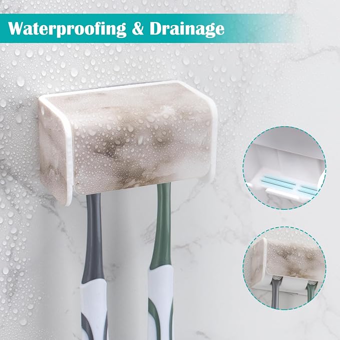 2 PCS Toothbrush Holders Wall Mounted with Cover (2, White Marble) | Wall mounted, Detachable, Easy to clean, Breathable, 2 Slots Self Adhesive Toothbrush Organizer for Bathroom