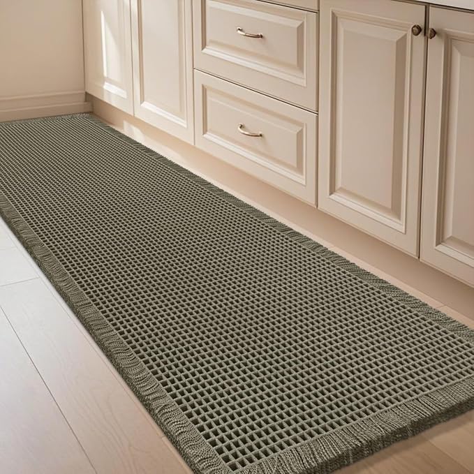 Waffle Runner Rug Olive Green 6'x2', Boho Woven Modern Bath Mat Rugs, Absorbent Non Slip Bathroom Rugs, Soft Washable Bath Rugs with Tassels for Bathroom, Bedroom, Kitchen, Shower, Tub