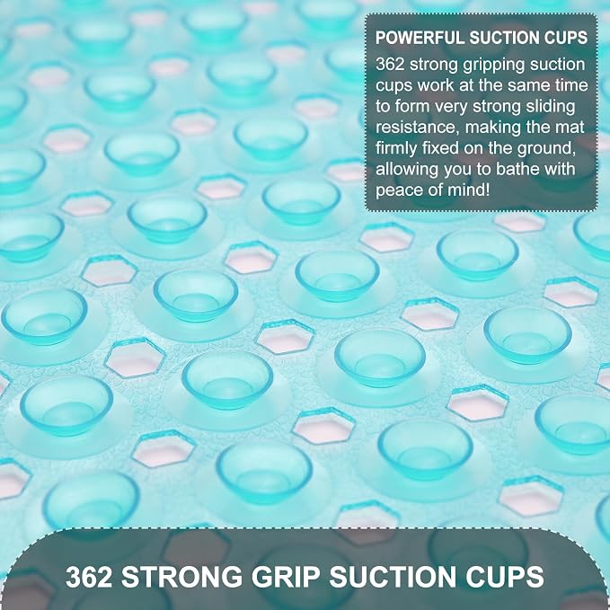TEESHLY Bath Tub and Shower Mats, Non Slip 40 x 16 Inch Extra Large Bathtub Mat, Machine Washable Bathmat with Drain Holes, Suction Cups for Bathroom Floor, Clear Turquoise