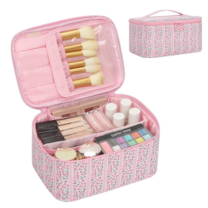 Makeup Bag for Women - Travel Cosmetic Organizer with Brush Slot & Divider, Large Capacity Toiletry Bag for Girls, Travel Makeup Case for everyday Make up Accessories -Pink Floral