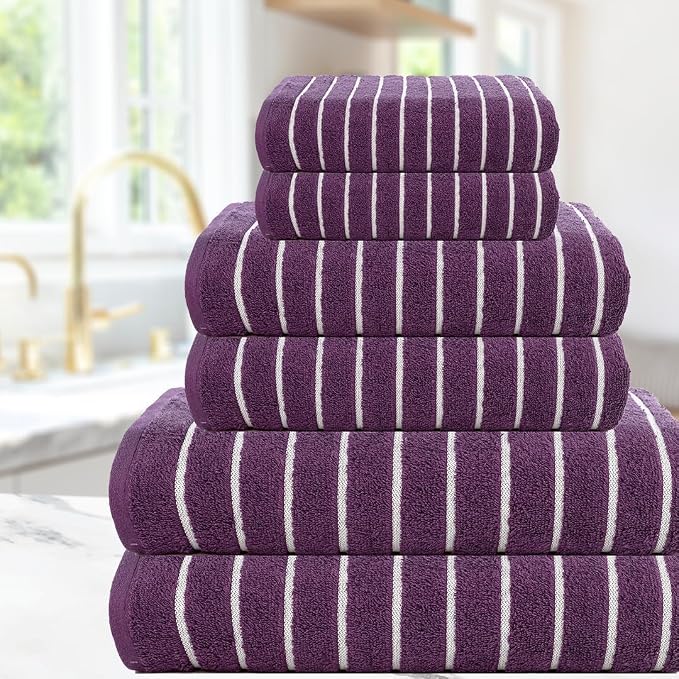 CASA COPENHAGEN Ecstatic 6Pcs 100% Egyptian Cotton Large Designer Towels Gift Set- Dark Purple, 600GSM, 2Bath 2Hand 2Washcloths, Bath Towels for Bathroom (Gift Set for Women & Men)