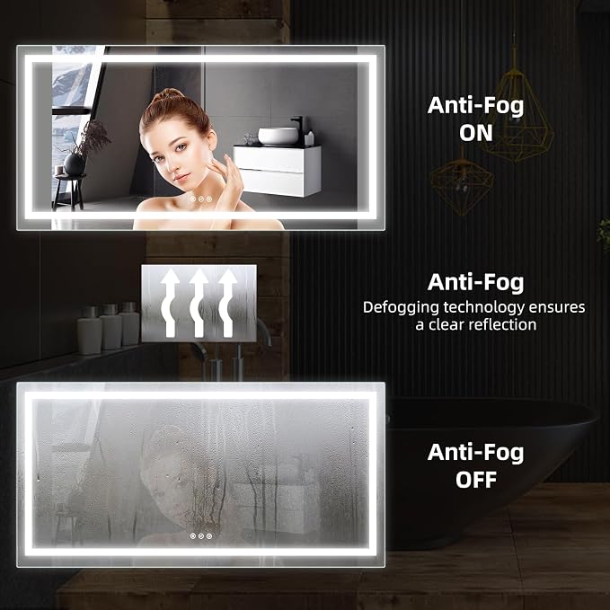 72x36 Inches LED Bathroom Mirror with Backlit & Front Light, Smart 3-Color Dimmable Anti-Fog, 3000k/4000k/6500k Wall-Mounted for Home and Hotel