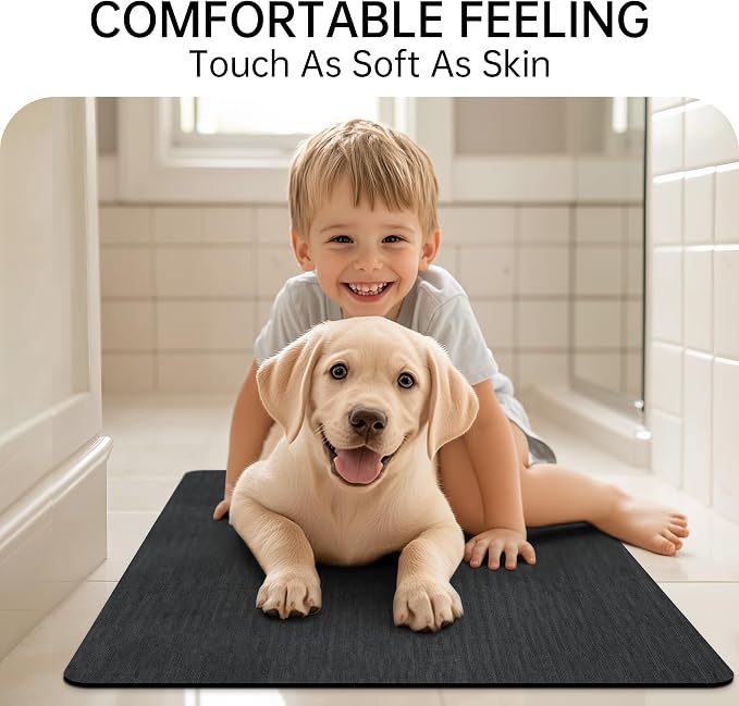 Mecko Bath Mat, Ultra Absorbent Quick Dry Bathroom Floor Mats-Rubber Non-Slip Thin Bathroom Rug Fit Under Door, Faux Suede Surface Shower Rug for Bathtub, Sink, Shower Room(Black,16"x24")