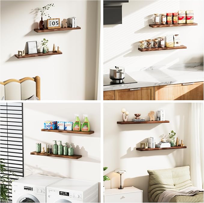 Medium Walnut Finish Floating Shelves with Hidden Bracket, Organic Wavy Edge Wall Shelves, Jointed Solid Pine Construction,Rustic Wall Decor for Living Room & Bathroom (Set of 2-36"