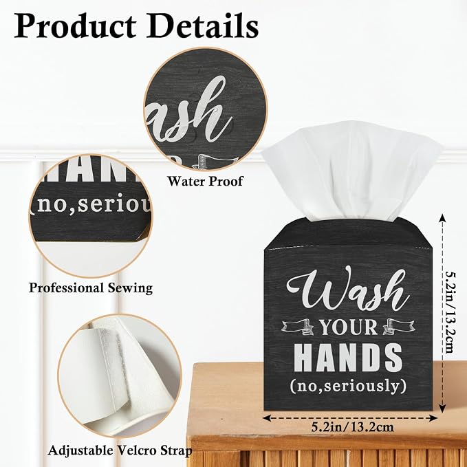 Bathroom Tissue Box Covers Square - Wash Your Hands, Leather Tissue Box Holders Decorative for Home Bathroom Restroom Shelf, Square Facial Paper Organizer Home Decor -029