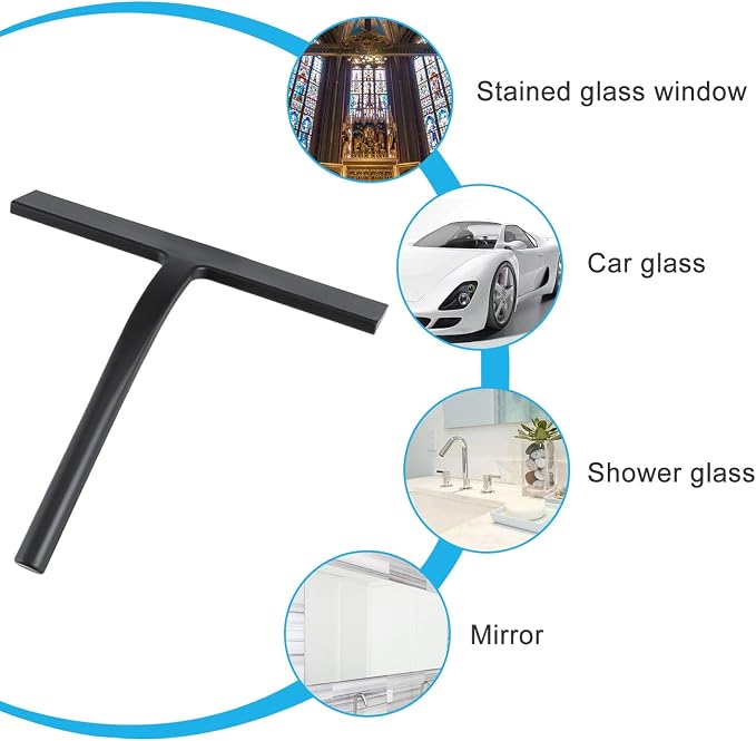 Silicone Shower Squeegee, Black, 9 inch | All-Purpose, For Shower Glass Door, With Hook, Household Cleaner Tool