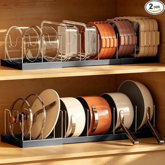 Magheo 2 Pack Pots and Pans Organizer Under Cabinet, Expandable 12.6"-22.8" Kitchen Cabinet Organizer Holder with 10 Adjustable Dividers for Food Storage Container Lid, Cookie Sheet, Cookware(Black)
